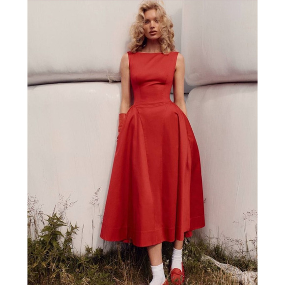 Helsa Red Stretch Cotton Sateen Midi Dress Size Large - Picture 1 of 12